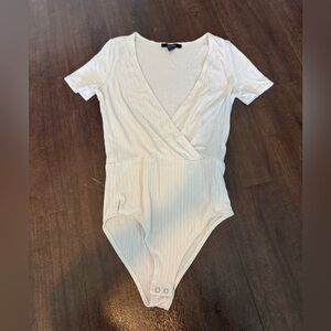 Forever 21 White Ribbed Shirt Bodysuit